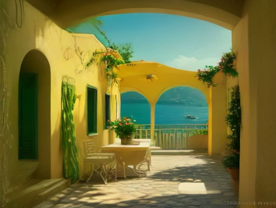 Lemon grove terrace overlooking the Amalfi Coast sea, lemon as crop and labor in Costiera cuisine