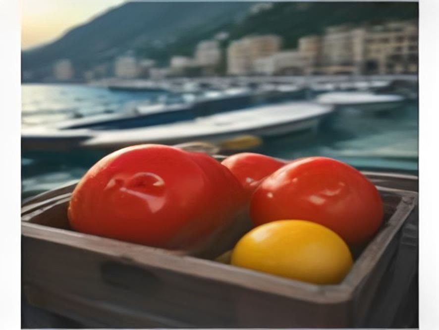Coastal Amalfi market morning with fresh produce and fish stalls, the daily food grammar romance novels need