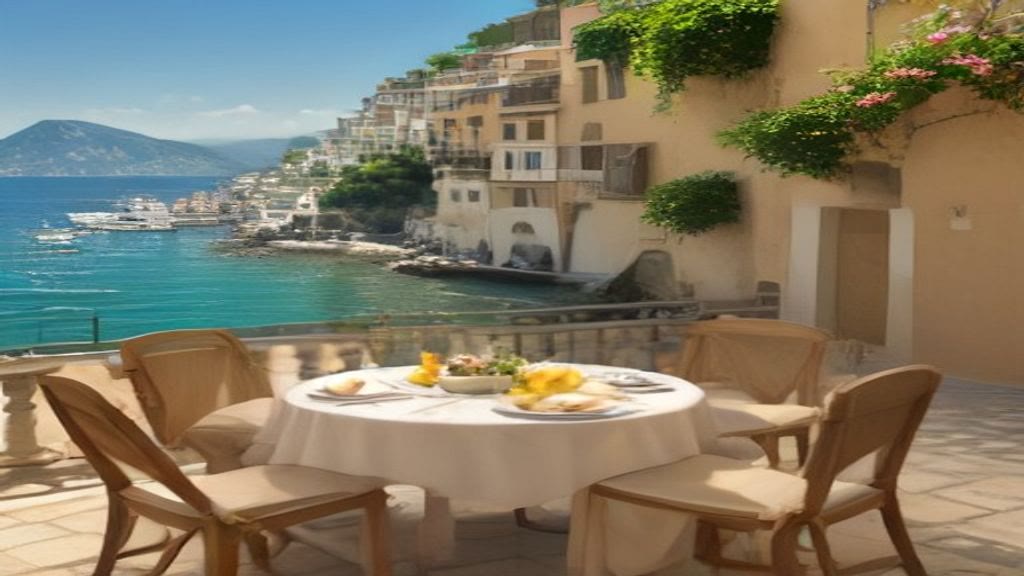 Amalfi Coast table with lemons, bread, and simple seafood in warm Mediterranean light for romance readers