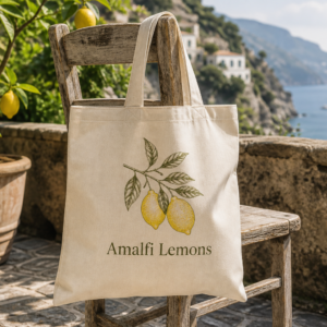 Natural cotton tote with Amalfi lemon branch print on a lemon-tree terrace