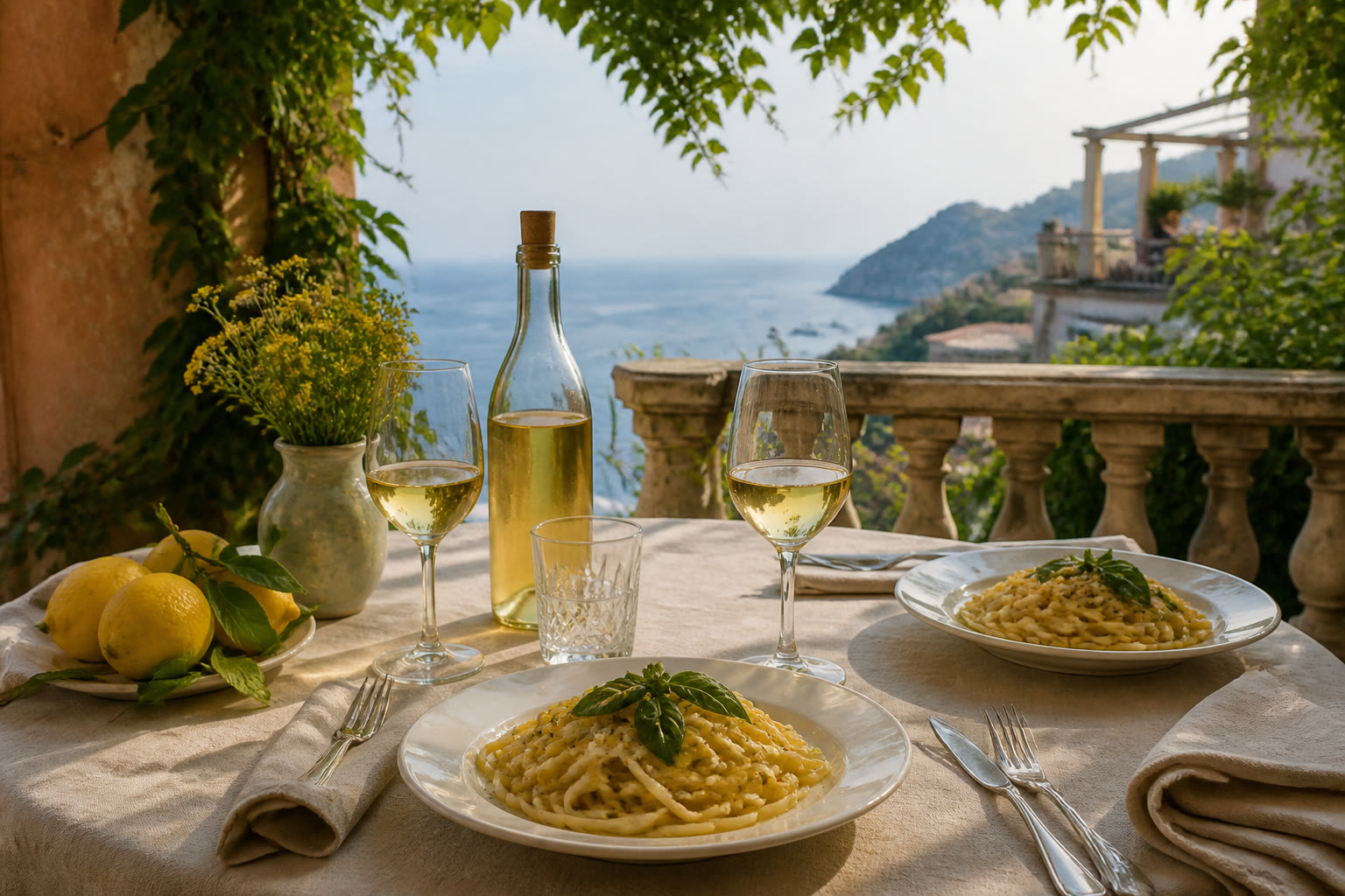 Lemon pasta and white wine on an Amalfi Coast terrace, culinary atmosphere of Italian travel romance
