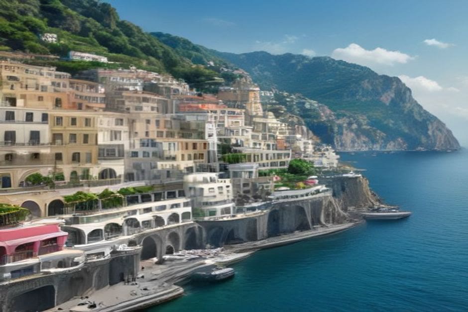 Lived Amalfi Coast harbor with ferry wake and stacked houses, the working water books set in the Amalfi Coast need instead of glossy postcard Positano