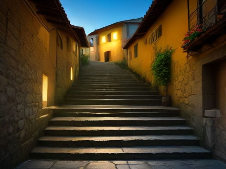 Empty stone stairs on an Italian hillside at dusk, the quiet climb healing romance books need instead of vacation therapy