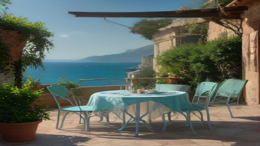 Quiet Italian terrace with an open book in soft sea light, the calm hour readers want from healing romance books
