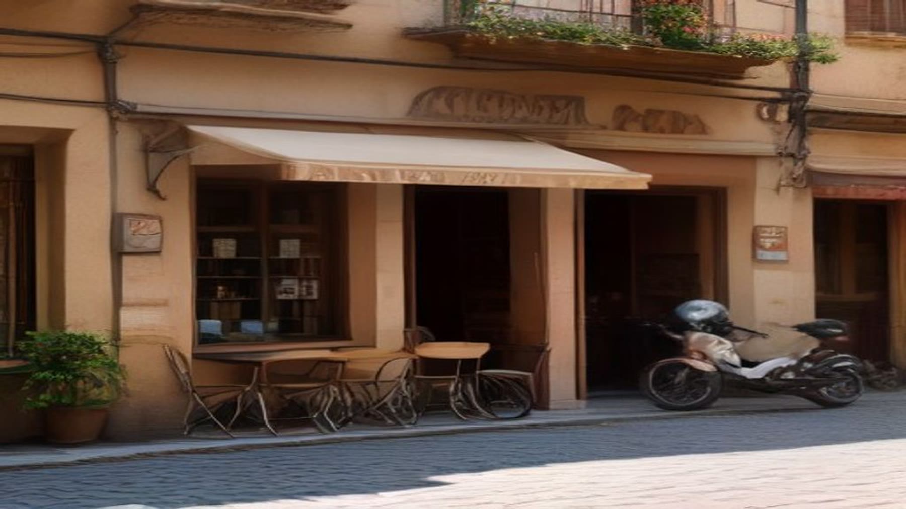 Italian cafe tables on a cobblestone street with a parked scooter and ochre walls, the public life Italian love stories need beyond balcony romance