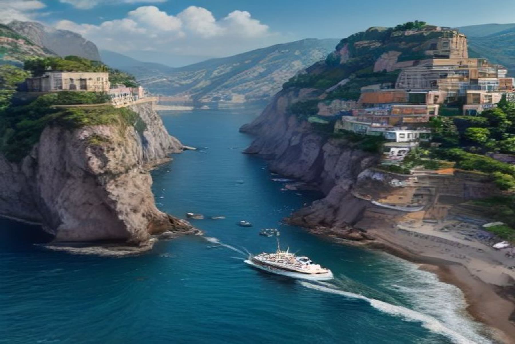 A hydrofoil ferry approaching a working Italian cliff harbor in summer heat haze, the lived setting romance novels set in Italy actually need