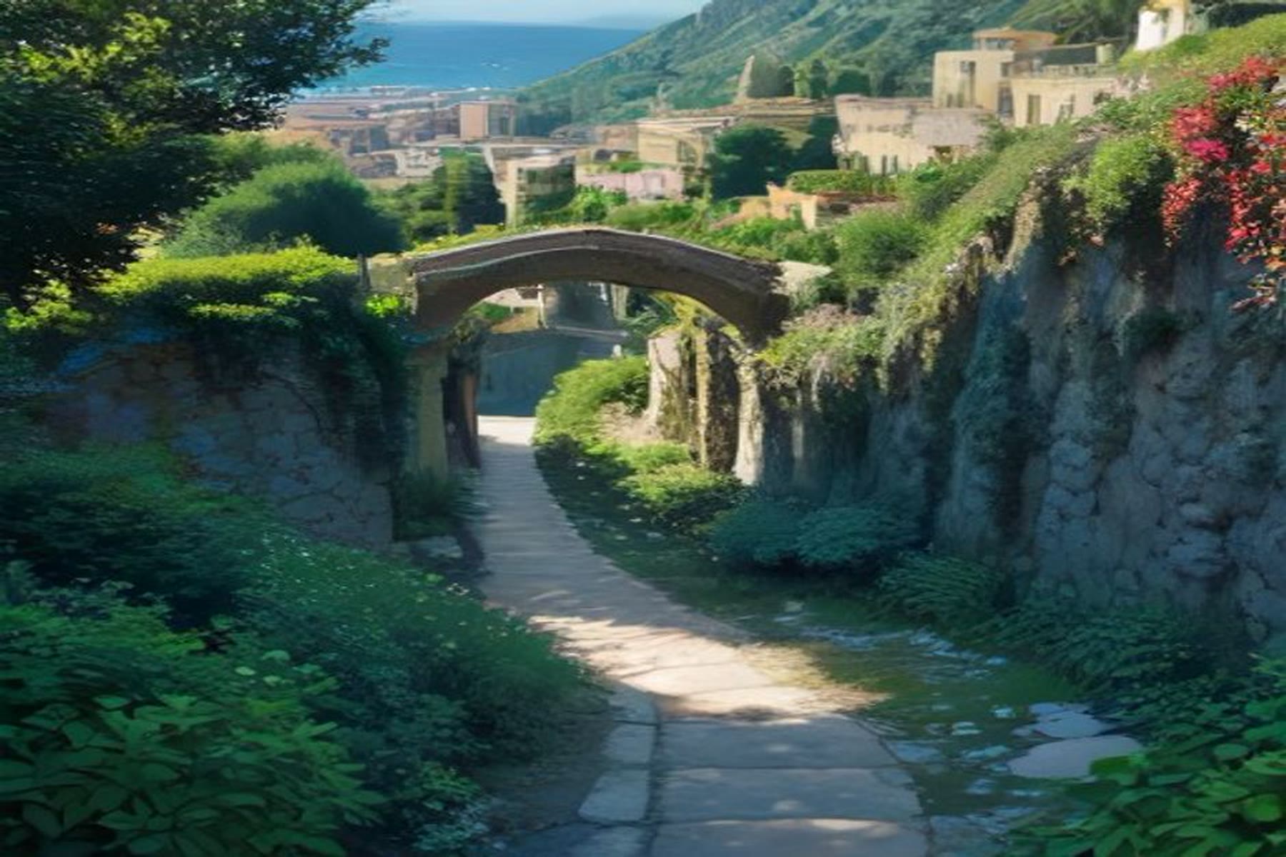 Stone path and garden arch opening to the Amalfi Coast, an Italian landscape where grief and healing romance can find proportion