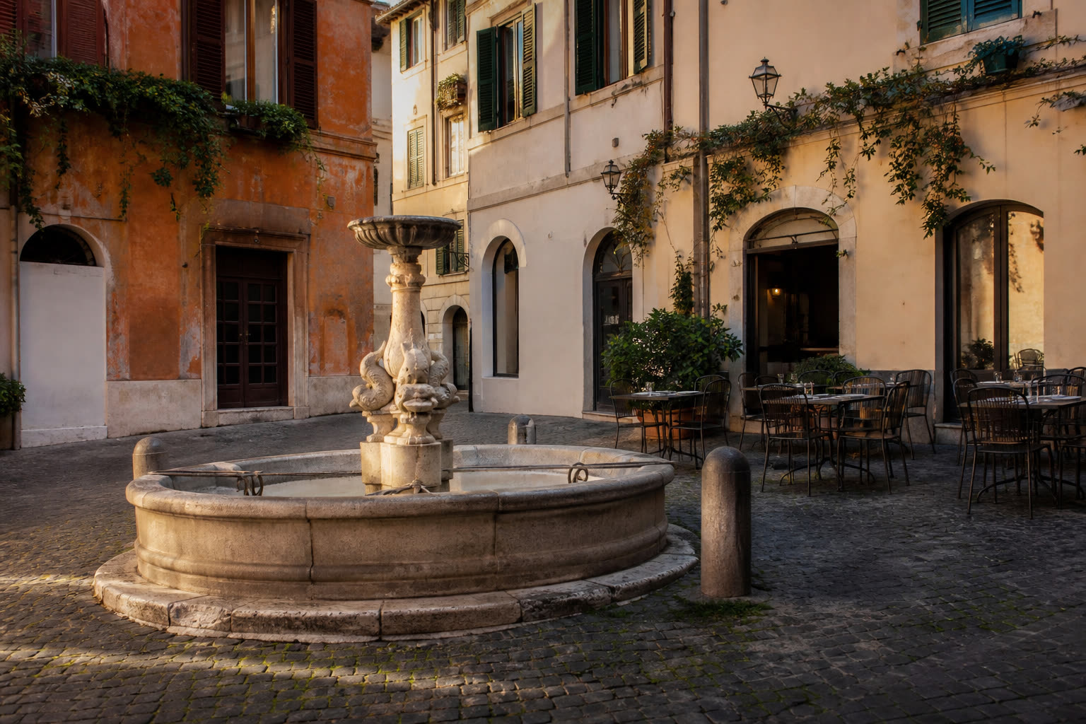 Quiet Roman neighborhood piazza with a stone fountain and cafe tables in late afternoon light, the civic scale romance books set in Rome actually need