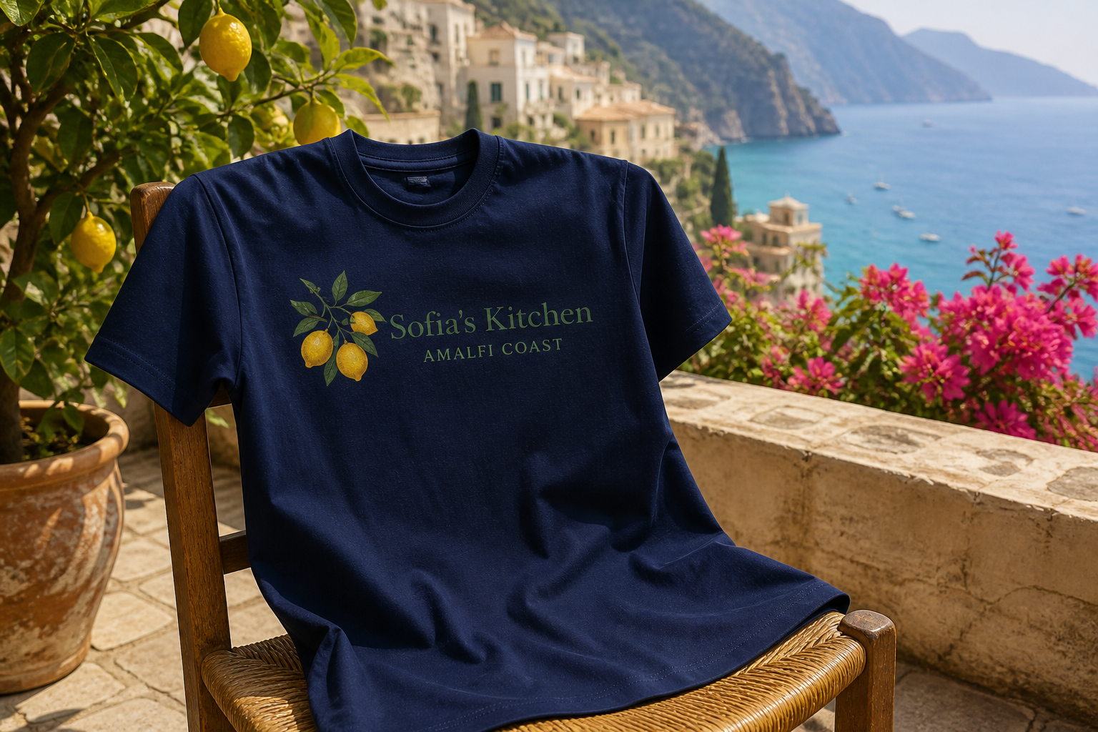 Navy unisex t-shirt with Sofia's Kitchen lemon branch graphic on an Amalfi terrace