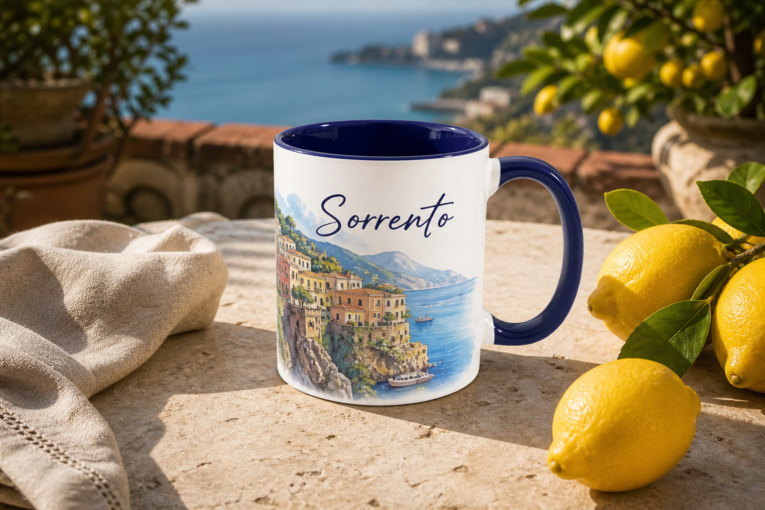 Sorrento accent coffee mug with navy interior on a terrace overlooking the sea