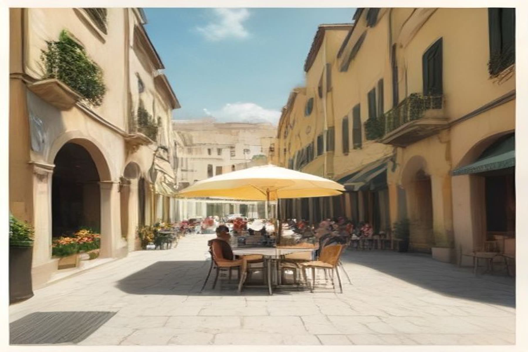A sunlit pedestrian street in Sorrento with cream palazzi, cafe tables, and the working-town mood of Sorrento in Italian travel romance