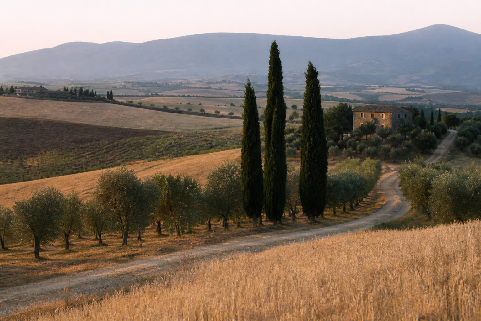 Rolling Tuscan hills with cypress and olive trees near a stone farmhouse, the inland Italy of books similar to Under the Tuscan Sun