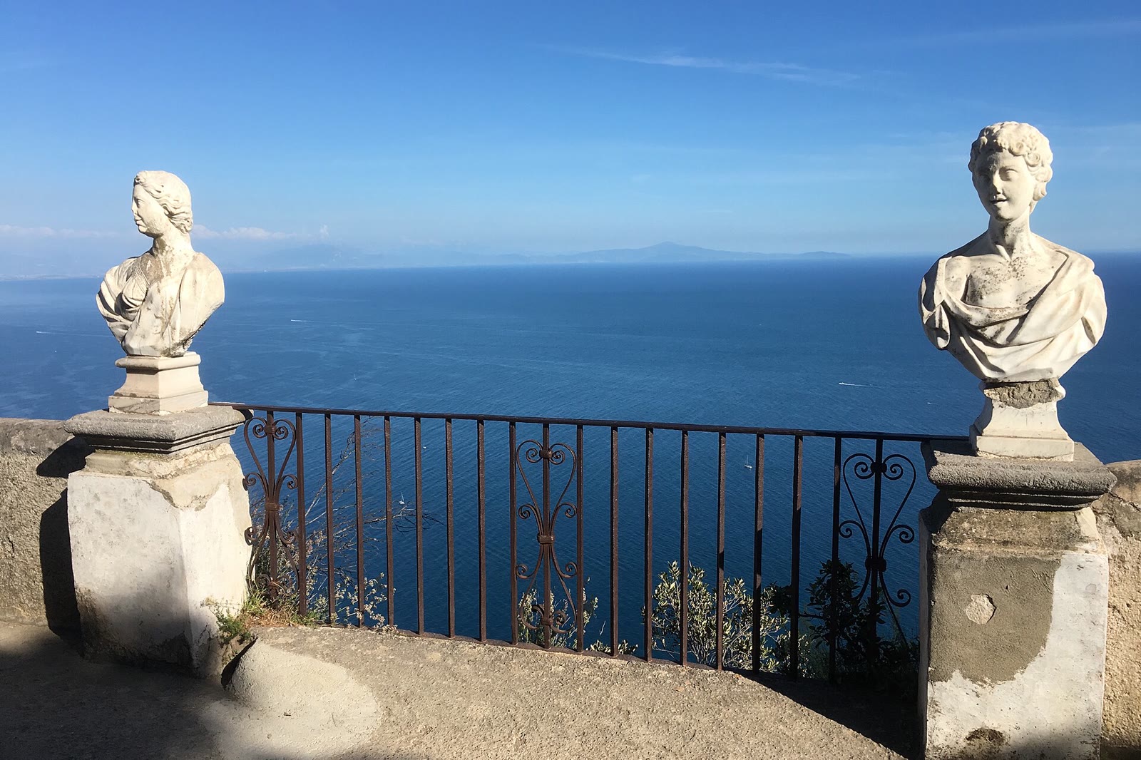 Marble-bust belvedere above the sea at Ravello, the Terrace of Infinity mood of Ravello romance on the Amalfi Coast