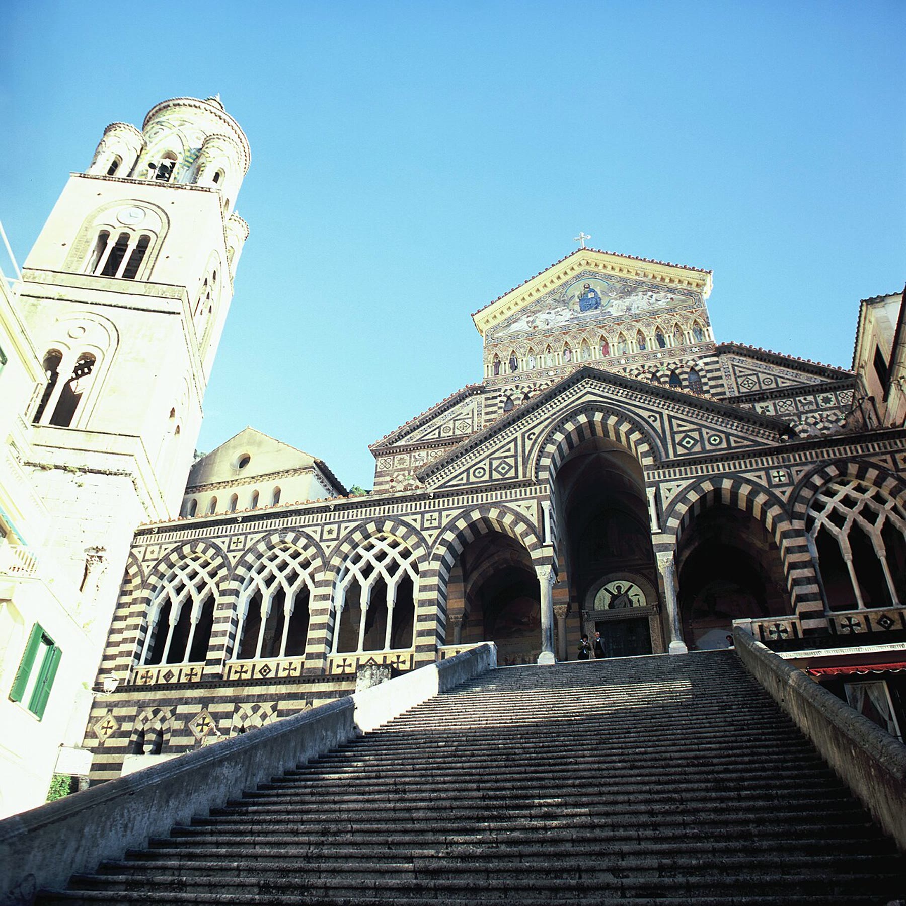 Duomo di Amalfi cathedral facade, civic Amalfi Coast romance town pressure not postcard Italy