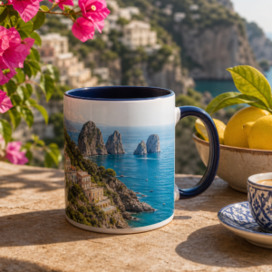Capri Amalfi Coast accent coffee mug lifestyle photo with lemons and espresso