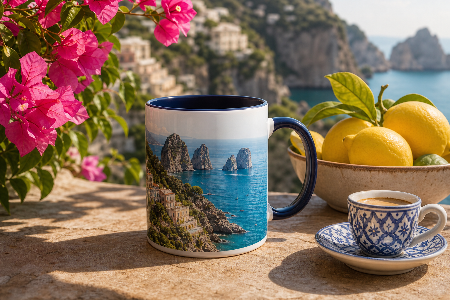 Capri Amalfi Coast accent coffee mug lifestyle photo with lemons and espresso