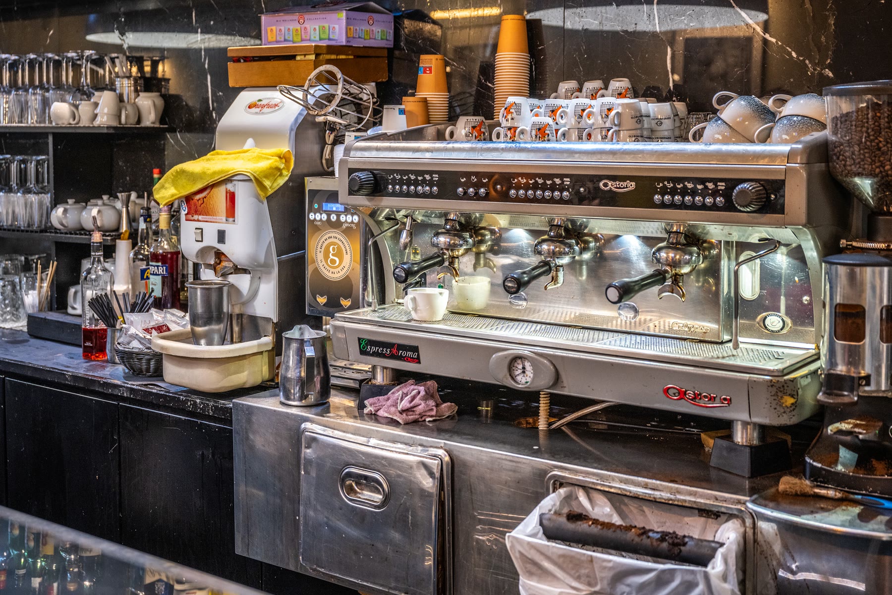 Italian coffee bar romance standing-counter climate with espresso machine and working rail still named
