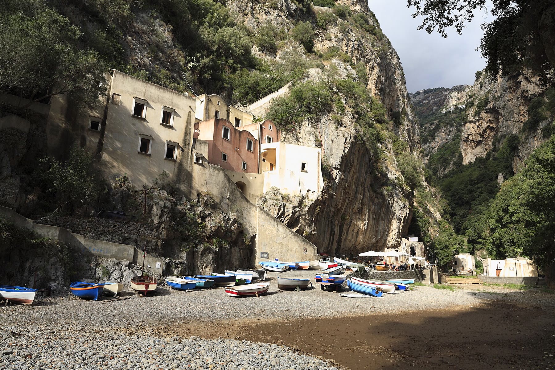 Beach inlet at Fiordo di Furore with Amalfi Coast sea-gorge place climate still named