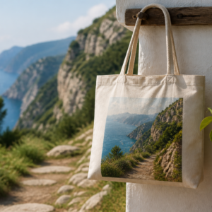 Path of the Gods cotton tote bag hanging on a terrace overlooking the Amalfi Coast trail