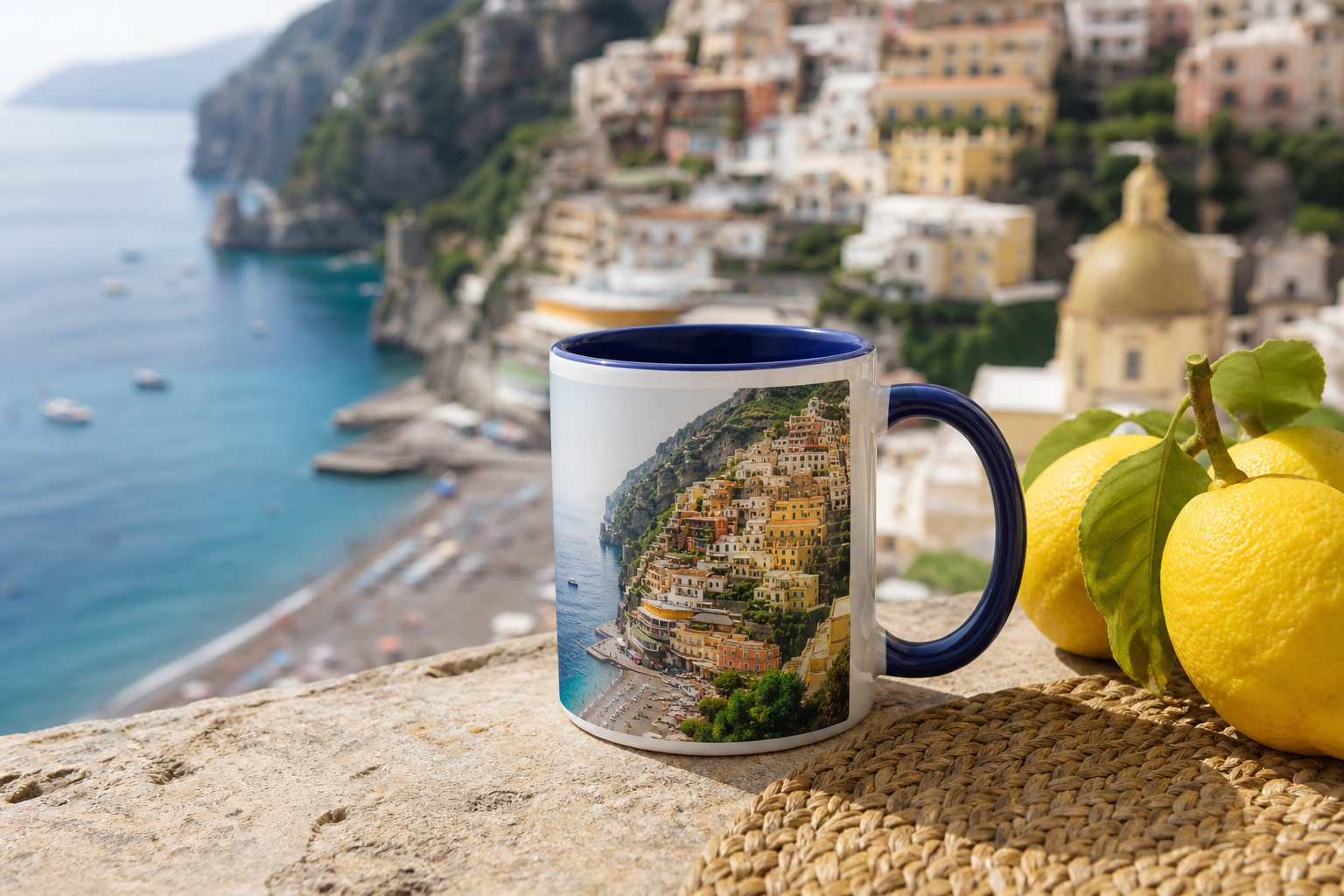 Positano accent coffee mug lifestyle photo overlooking the coastline