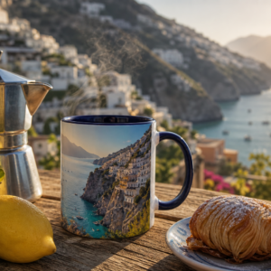 Praiano Amalfi Coast accent coffee mug lifestyle photo with moka pot and pastry