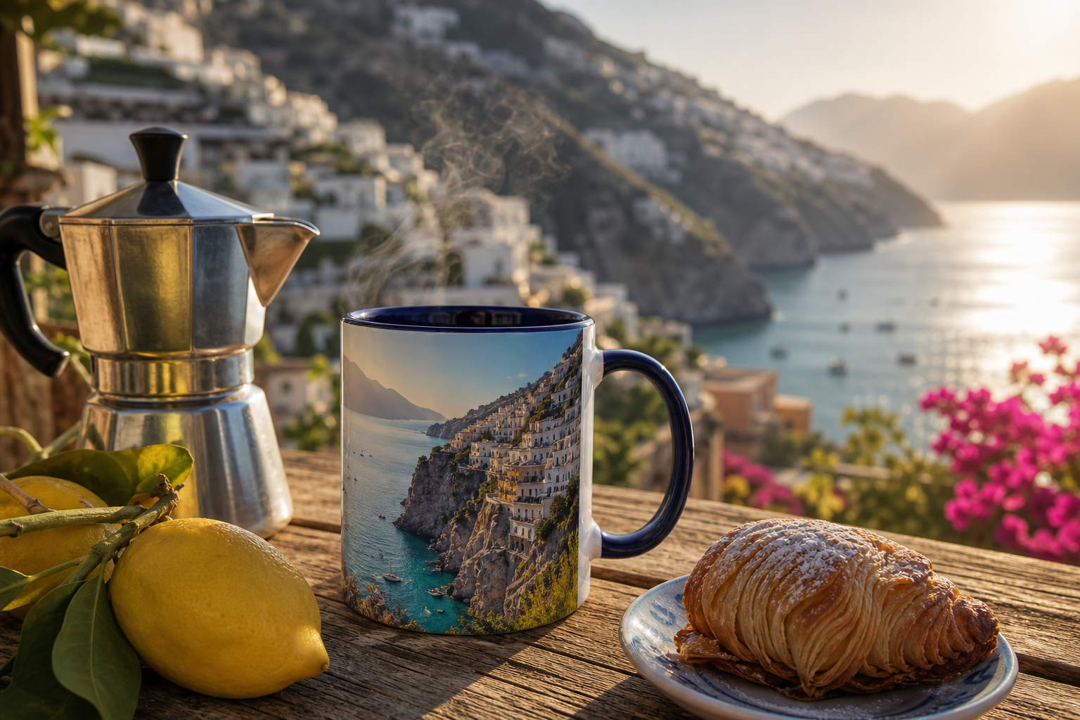 Praiano Amalfi Coast accent coffee mug lifestyle photo with moka pot and pastry
