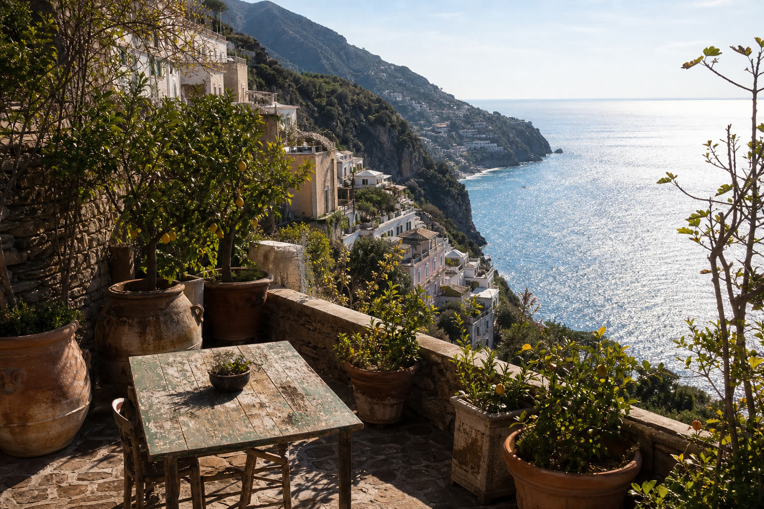 Amalfi Coast terrace light for second chance romance books that keep later-in-life widow Italy without spa villa erase