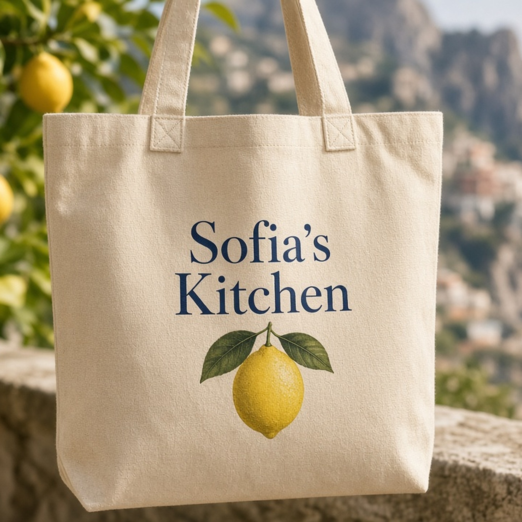 Sofia's Kitchen cotton tote on Amalfi Coast terrace